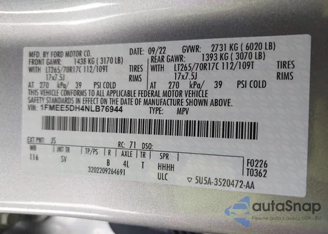 2022 Ford Bronco Black Diamond z USA, uszkodzony, nr VIN 1FMEE5DH4NLB76944